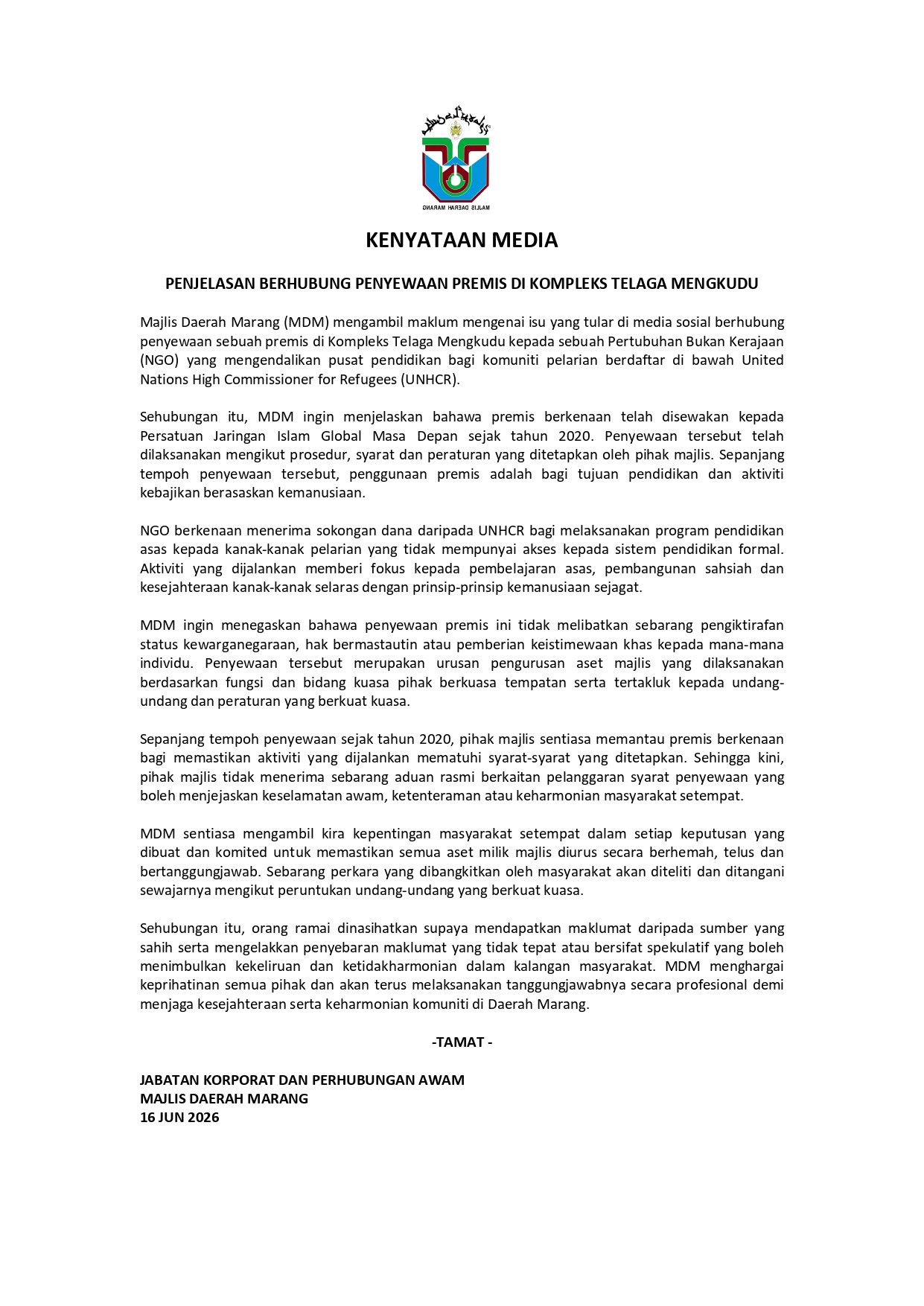 KENYATAAN MEDIA - PENJELASAN BERHUBUNG PENYEWAAN PREMIS DI KOMPLEKS TELAGA MENGKUDU